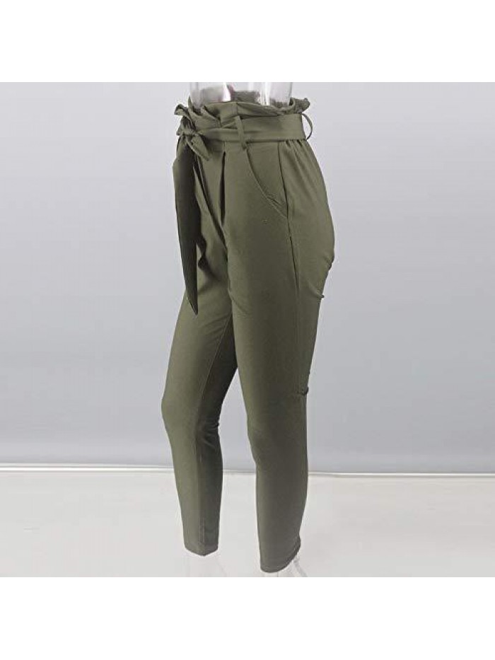 Women's All Occasions Paper Bag Waist Pants Trousers with Tie Pockets 