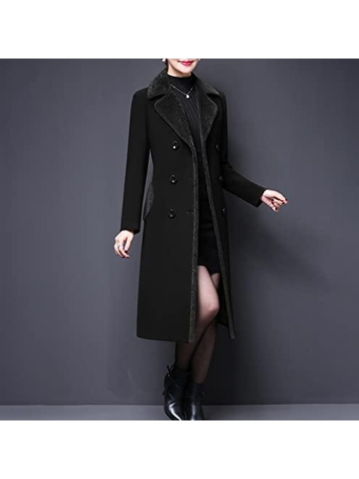 Women's Double-Breasted Notched Lapel Midi Wool Blend Pea Coat Jackets 