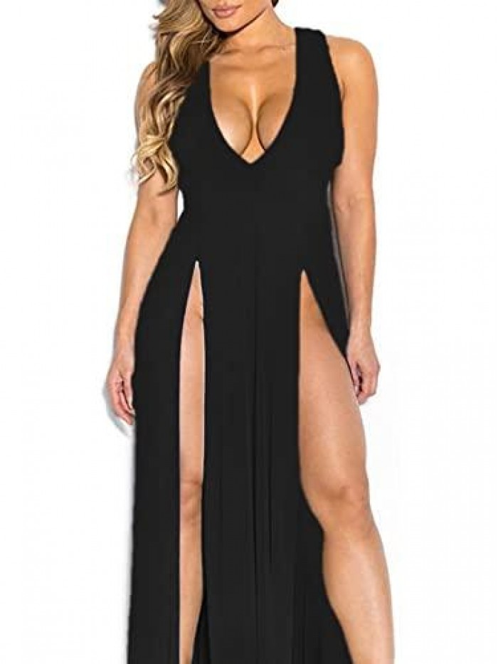 Bandage Side Split V Neck Sleeveless Bodycon Clubwear Maxi Vest Dress 