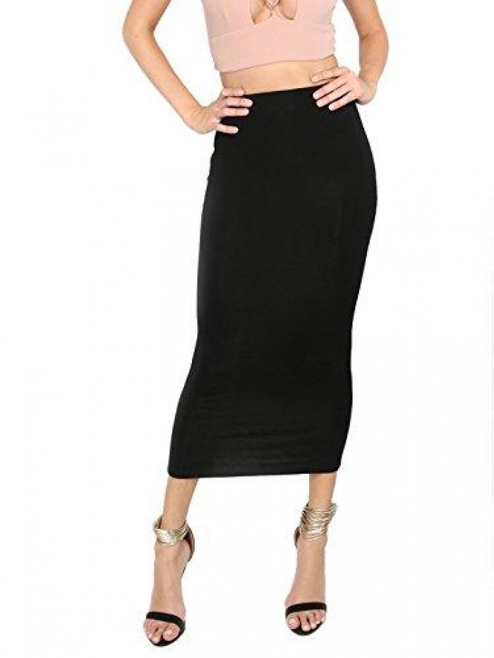 Women's Solid Basic Below Knee Stretchy Pencil Skirt 