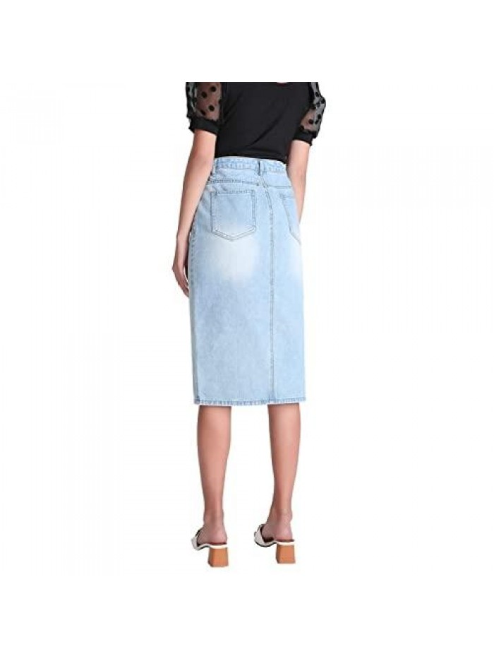 Front Split Midi Knee Length Button Stretchy Denim Pencil Skirt 