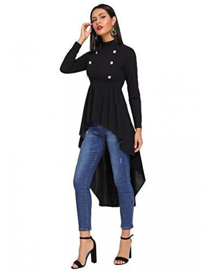 Women's Double Button Long Sleeve Round Neck Asymmetrical Blouse Tops 