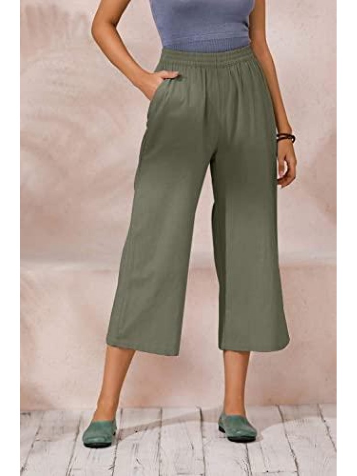 Womens Casual Loose Elastic Waist Cotton Trouser Cropped Wide Leg Pants 