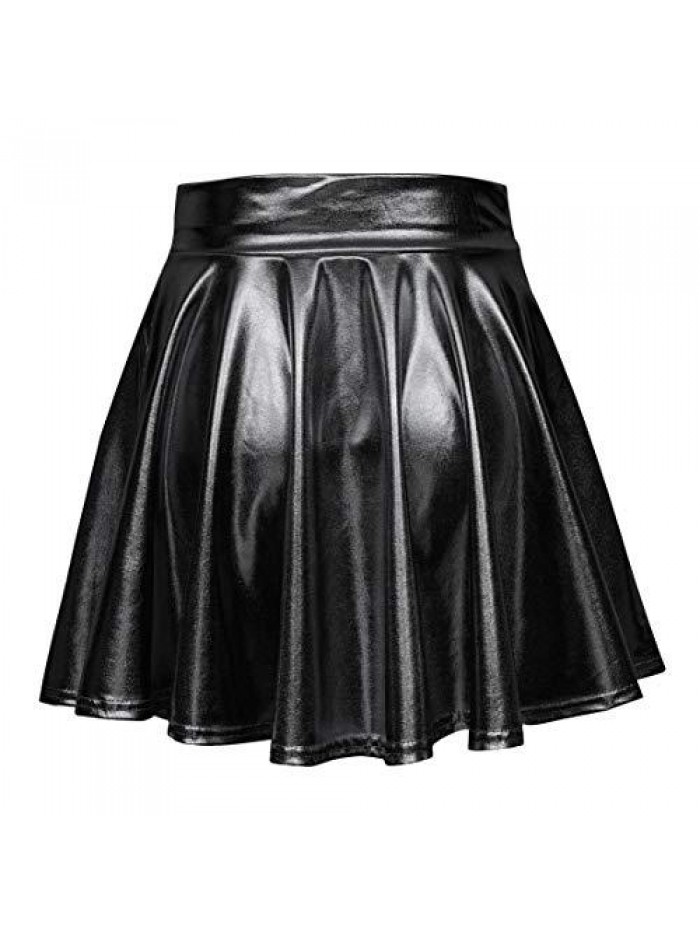 CoCo Women's Shiny Flared Pleated Mini Skater Skirt 