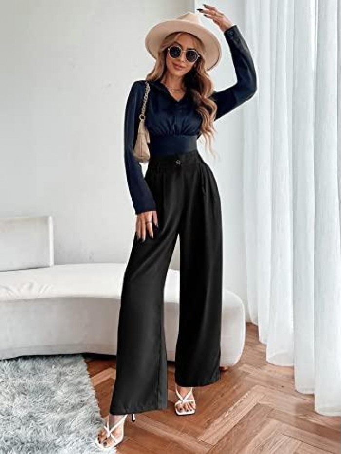 Women's High Waisted Pockets Work Office Palazzo Wide Leg Pants 