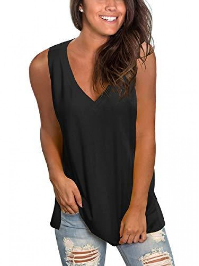 Women's Basic V Neck T Shirts Side Split Tunic Tank Tops 