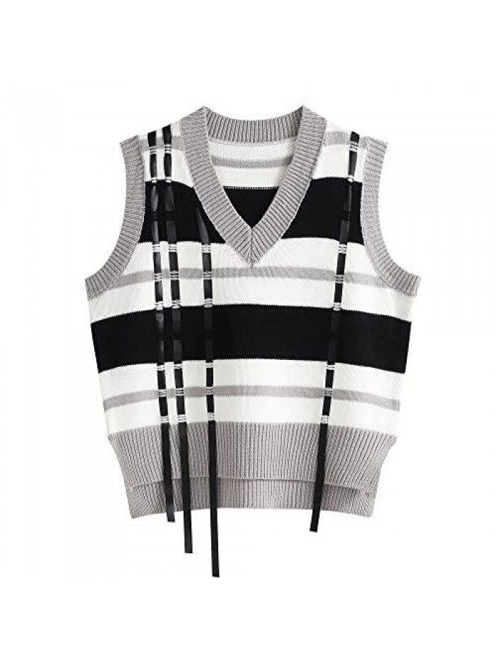 Future Women's V-Neck Sleeveless Striped Sweater Drawstring Undershirt Vest 