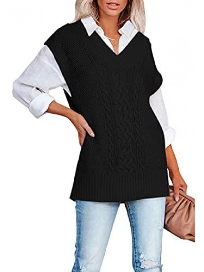 Women's Sweater Vest V Neck Cable Knit Sweaters Loose Pullover Top 