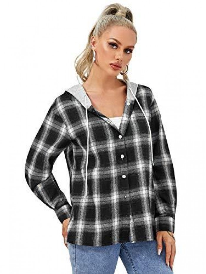 Women's Plaid Button Front Long Sleeve Drawstring Hoodie Overshirt Jacket 