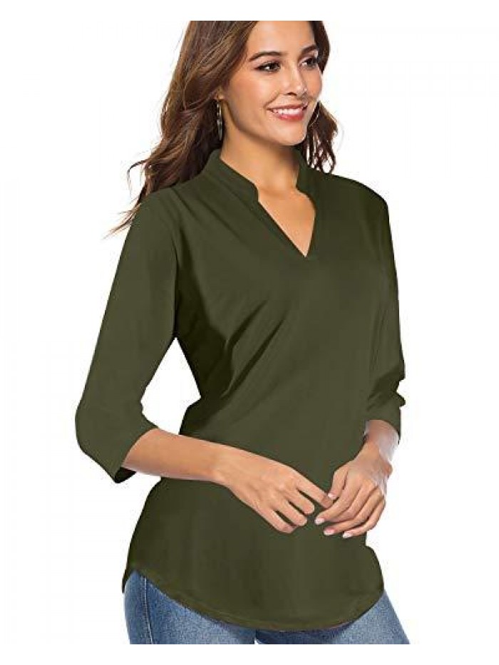 Women's 3/4 Sleeve V Neck Tops Casual Tunic Blouse Loose Shirt 