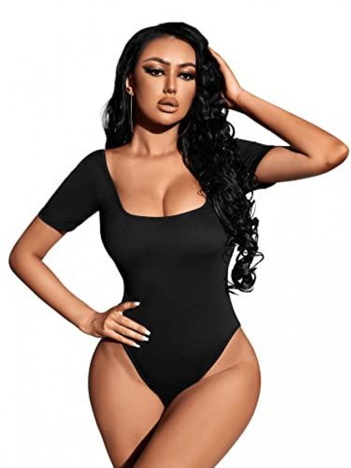 Women's Short Sleeve Scoop Neck Leotard Backless Skinny Bodysuit Jumpsuit 