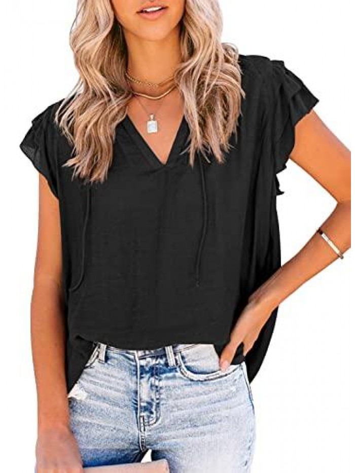 Womens V Neck Ruffle Tops Casual Sleeveless Shirts Tank Top 