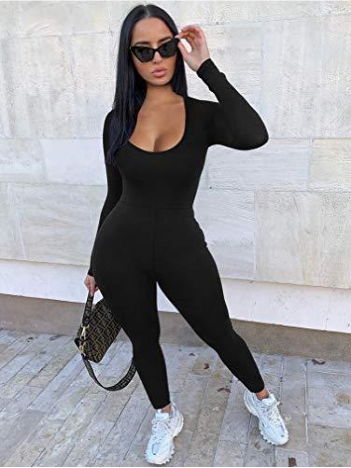 Women's Sexy Bodycon Long Sleeve Scoop Neck One Piece Jumpsuit Romper 