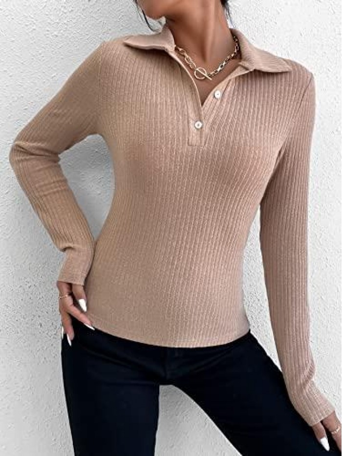 Women's Casual Button Front Long Sleeve Ribbed Polo Shirt Tee Top 