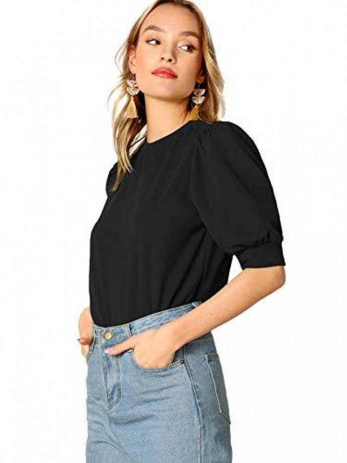 Women's Puff Sleeve Casual Solid Top Pullover Keyhole Back Blouse 