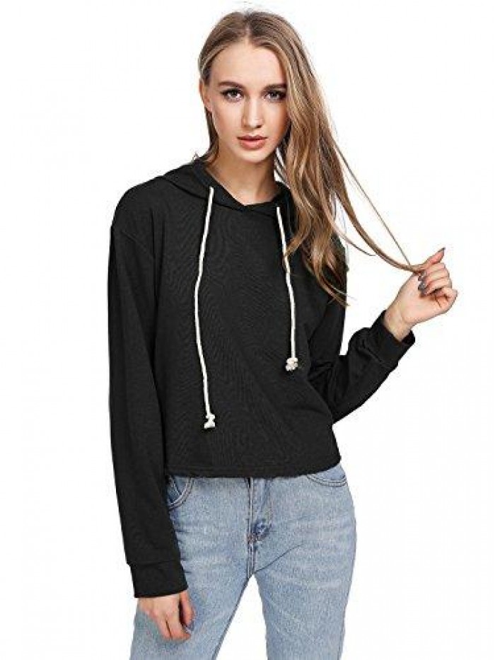 Women's Drawstring Cropped Hoodies Casual Plain Workout Crop Tops Sweatshirt 