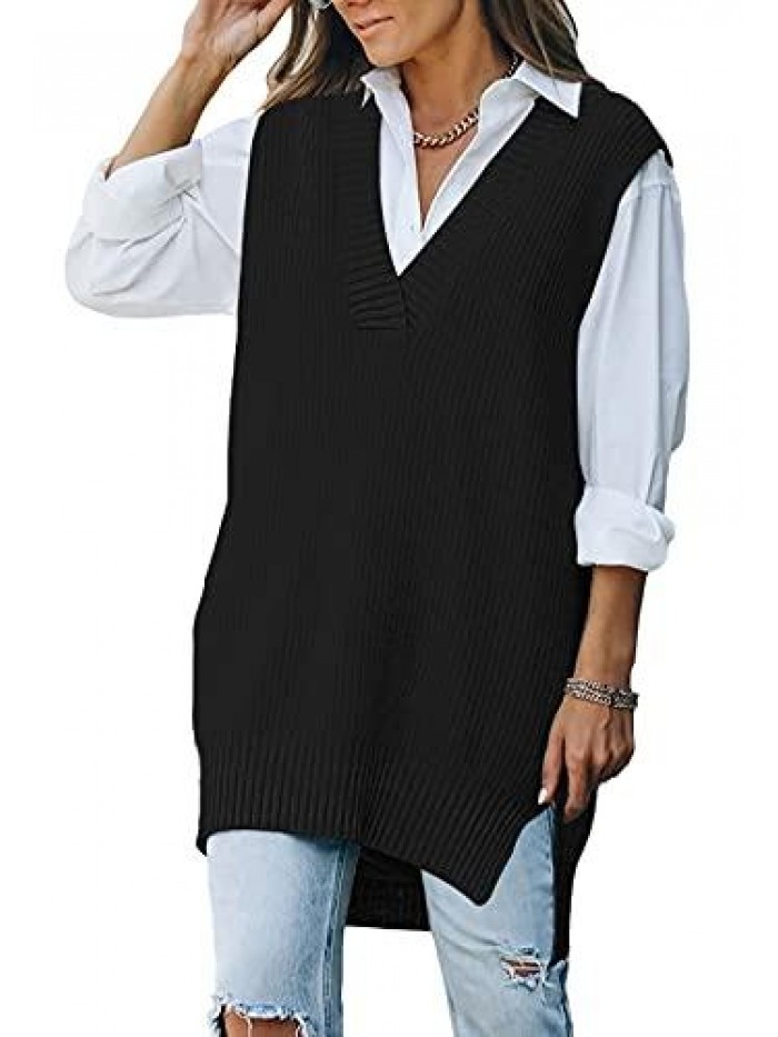 Women's Sweater Vest Chunky Knit Tops V Neck Sleeveless Pullover Sweater 