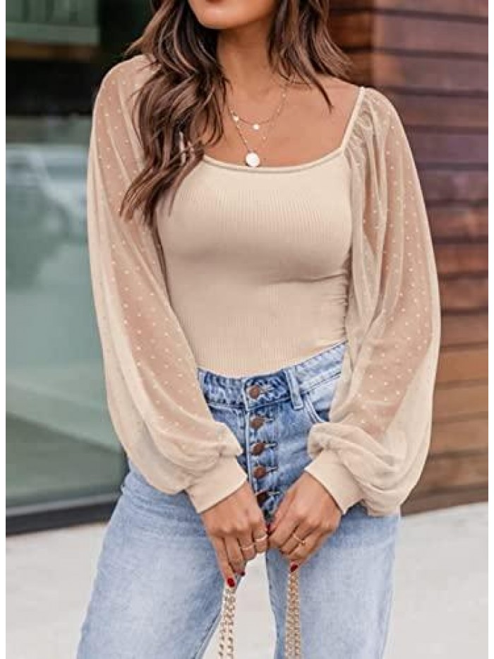 Womens Mesh Long Sleeve Shirts Casual Blouses Tops 