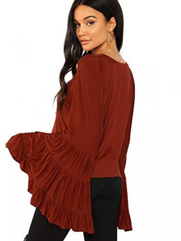 Women's Casual Boho Ruffle Long Bell Sleeve Tops Tee Shirt 