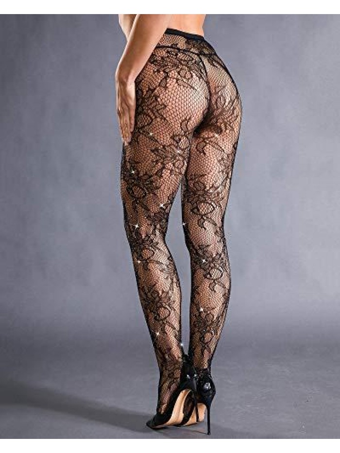 Women's Sparkle Rhinestone Fishnets Sexy Tights High Waist Stockings 