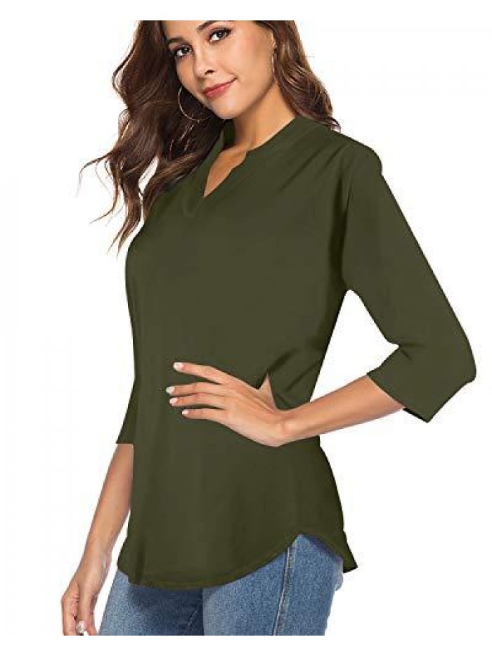 Women's 3/4 Sleeve V Neck Tops Casual Tunic Blouse Loose Shirt 