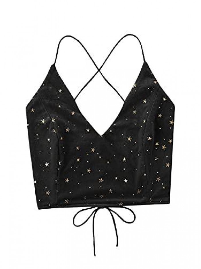 Women's Velvet Galaxy Print Crisscross Back Spaghetti Strap Crop Cami Top 