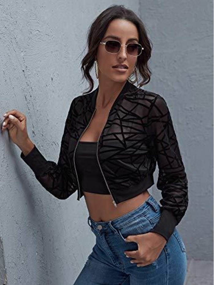 Women's Casual Mesh Lightweight Zip Up Geo Crop Bomber Jacket Coat 