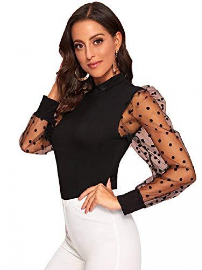 HUX Women's Sheer Mesh Long Sleeve Slim Fit Top Blouse 