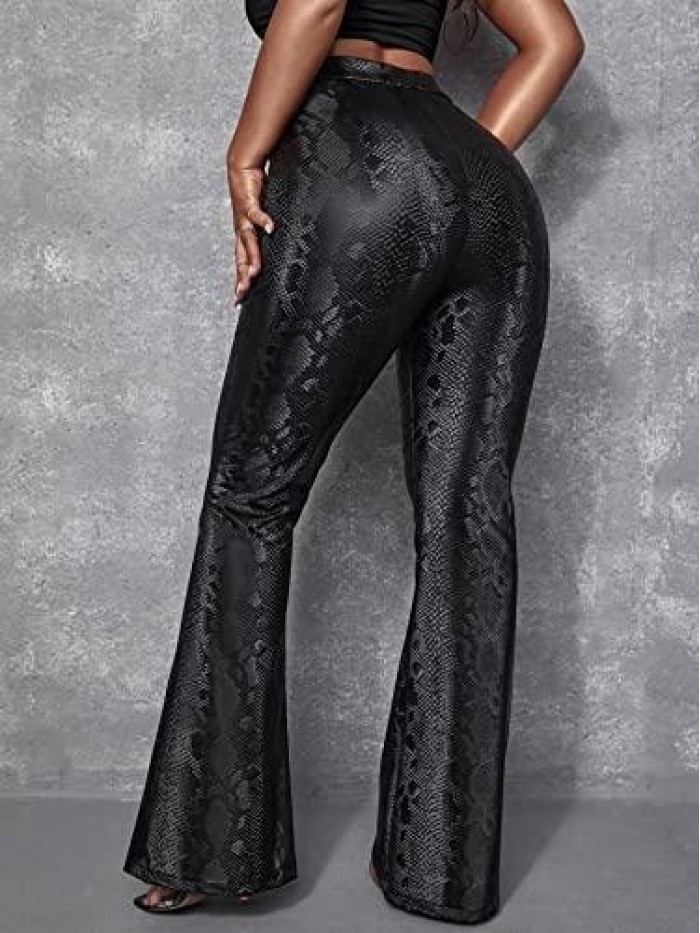 Women's High Waist Snakeskin Print PU Leather Flare Leg Long Pants 