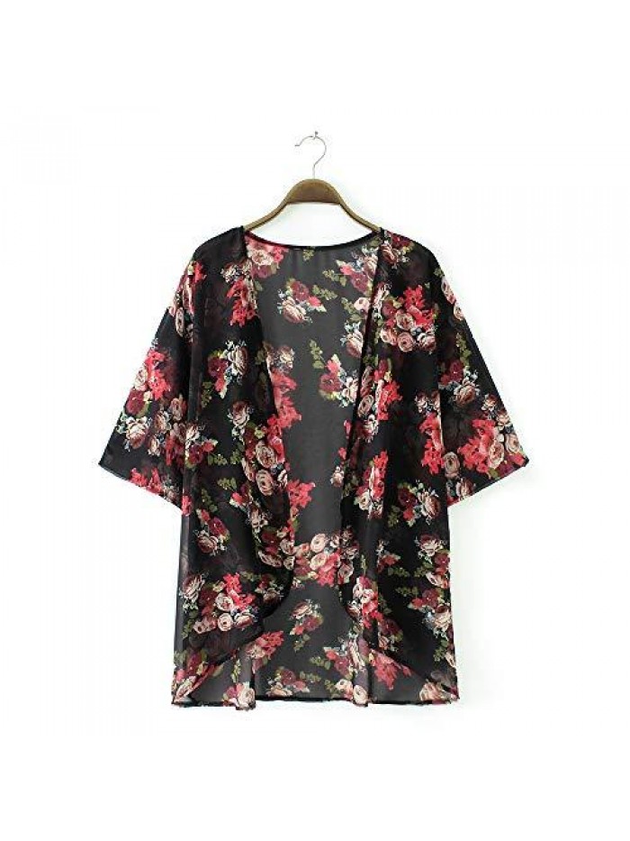 Women's Cardigan-Sheer Kimono Loose Summer Floral Print Cover Ups 