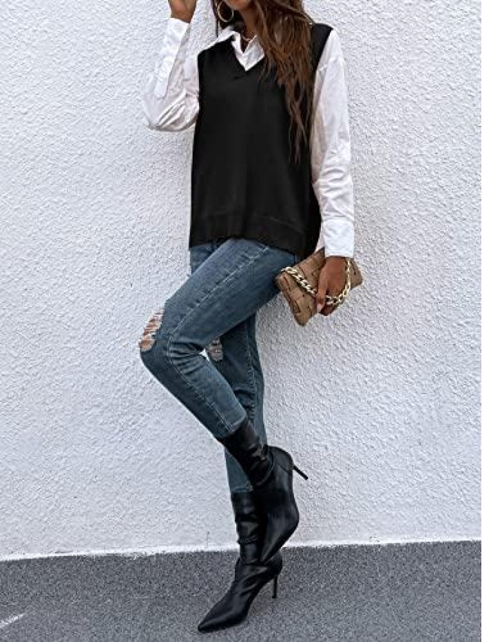 Women's V Neck Sleeveless Split Loose Pullover Top Sweater Vest 