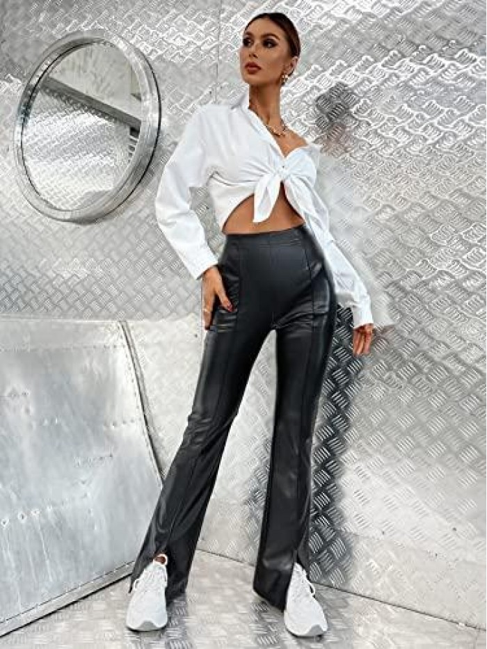 Women's PU Leather High Waist Split Hem Flare Leg Long Pants 