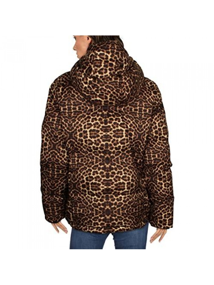 Women's Leopard Print Quilted Short Puffer Winter Puffer Coat 