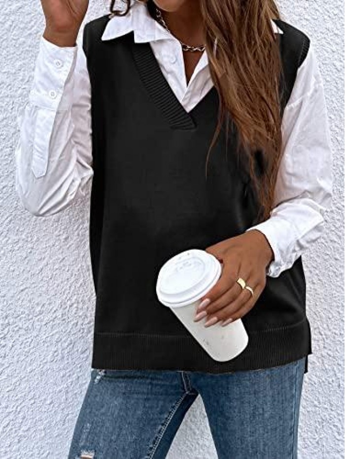 Women's V Neck Sleeveless Split Loose Pullover Top Sweater Vest 