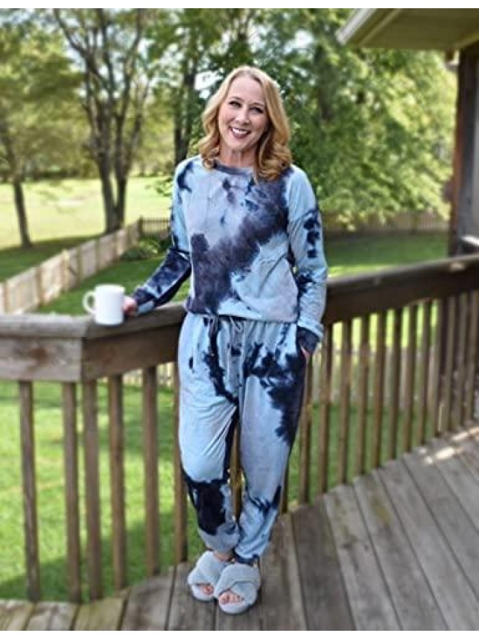 Womens Two Piece Outfits Tie Dye Long Sleeve Pullover Pajamas Sets 