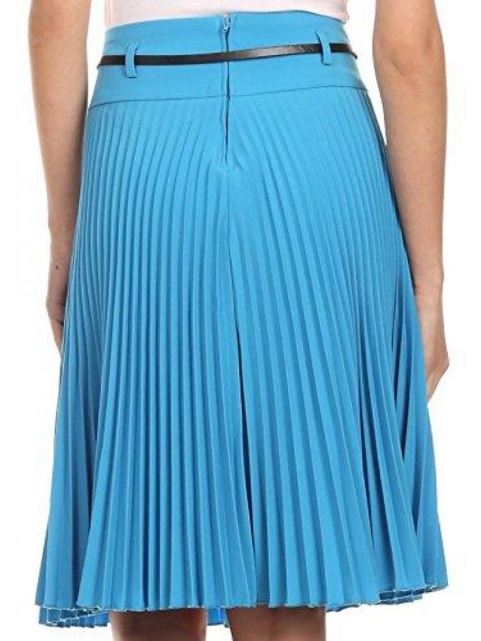 Knee Length Pleated A-Line Skirt with Skinny Belt 