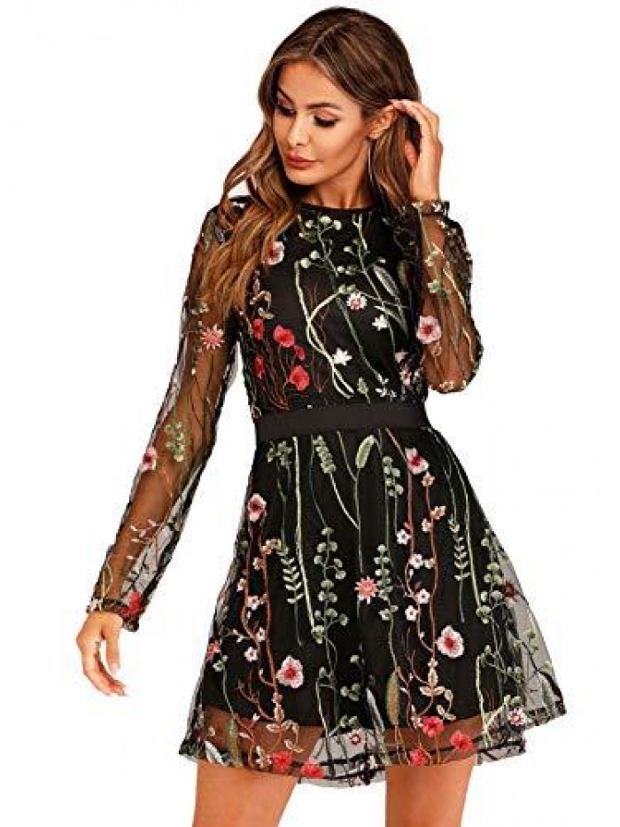 Women's Floral Embroidery Mesh Round Neck Tunic Party Dress 