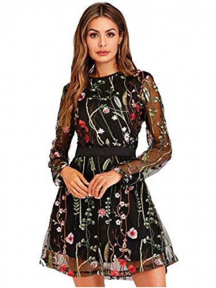 Women's Floral Embroidery Mesh Round Neck Tunic Party Dress 