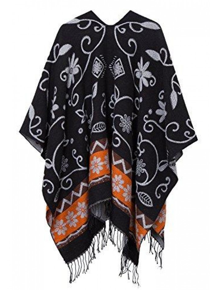 CoCo Women's Printed Tassel Open front Poncho Cape Wrap Shawl 