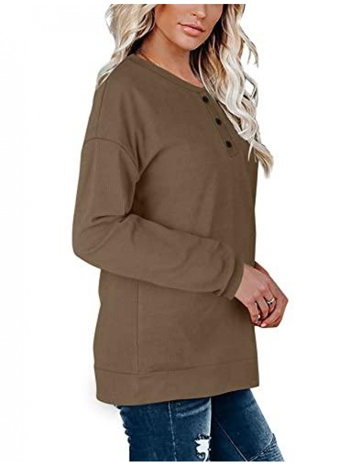 Womens Casual Sweatshirts Henley Button Up Long Sleeve Tunic Tops 