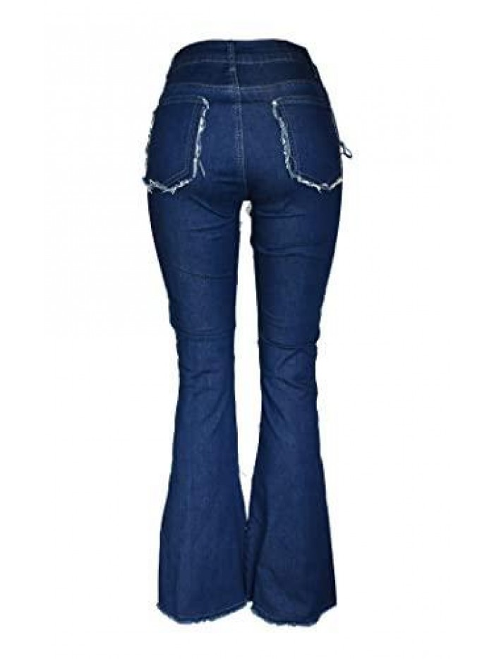 Women Patch Flare Jeans Bell Bottom Raw Hem Denim Pants 