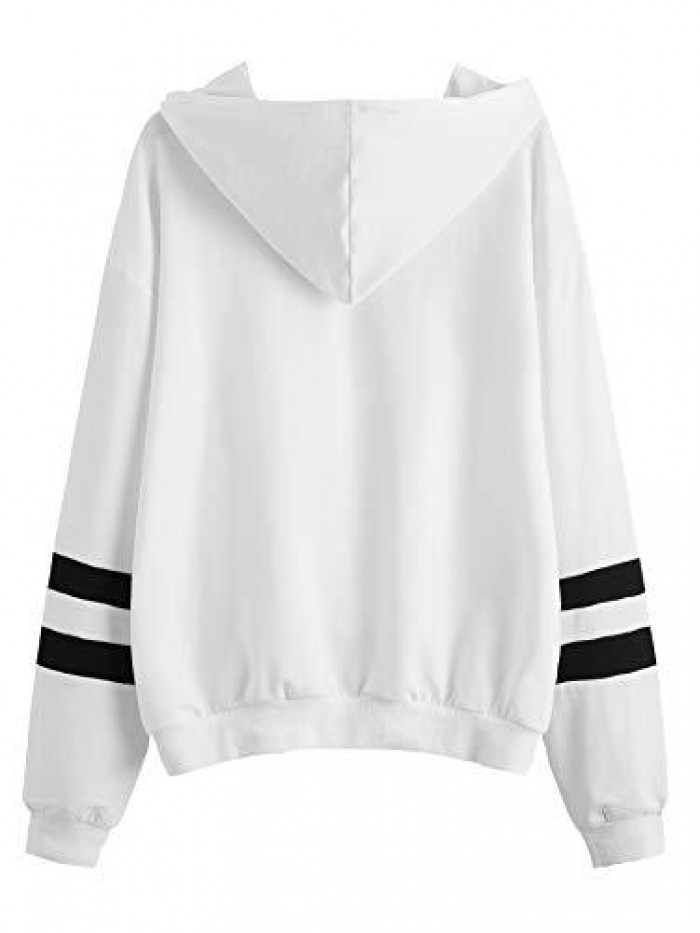 Women's Planet Print Varsity Striped Drawstring Pullover Sweatshirt Hoodies Tops 