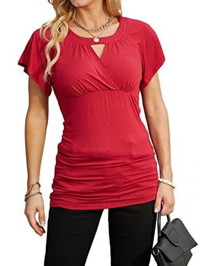 Women Dressy Tunic Tops Crossover V Neck Raglan Sleeve Ruched Blouse 