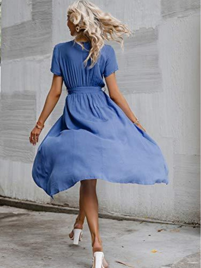 Women's Striped Linen Long Dress Elegant Ruffle Cap Sleeves Midi Dress 