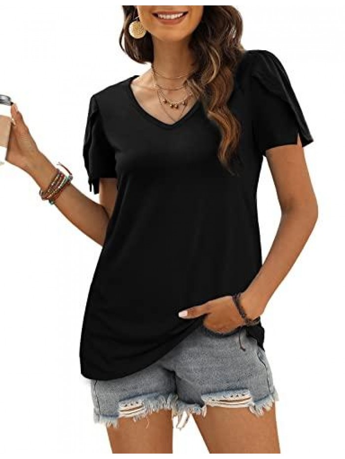 Summer Tshirts for Women V Neck Petal Sleeve Tops Dressy 