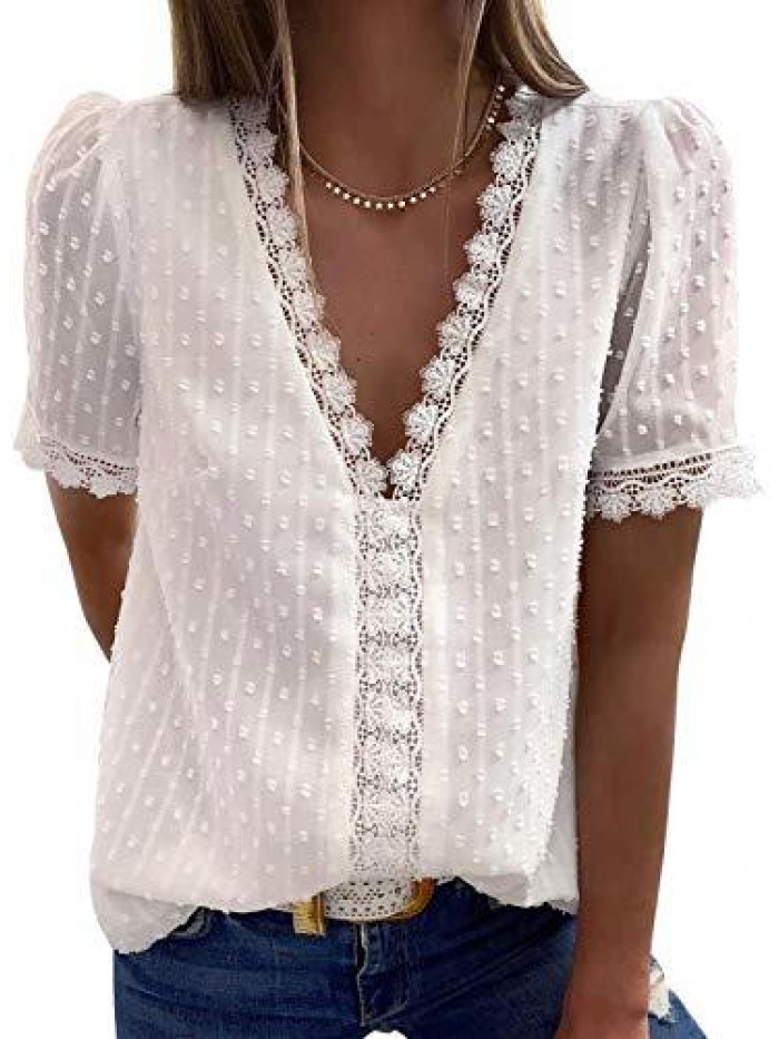 Women's V Neck Lace Crochet Tunic Tops Flowy Casual Blouses Shirts 