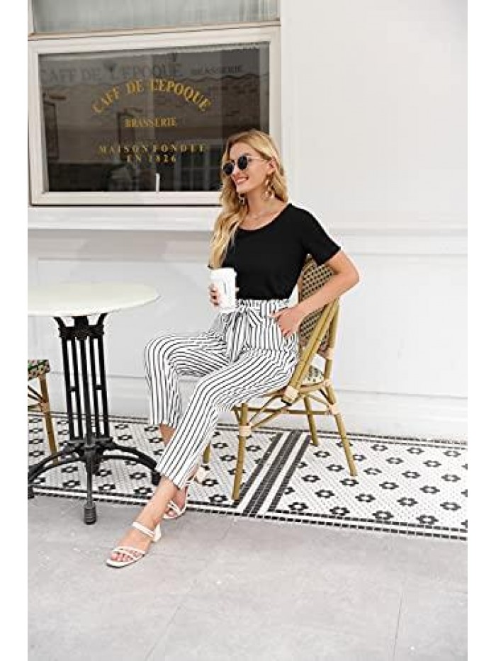 KARIN Women Ruffled High Waist Casual Pants Cropped Striped Pants 