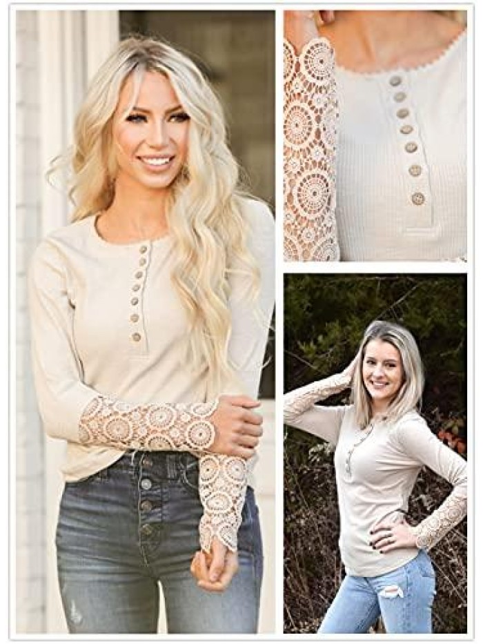 Womens Crochet Hollow-Out Sleeve Button Down Ribbed Knitted Pullover Tops 