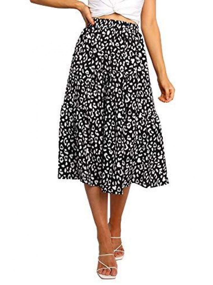 Women's Boho Leopard Print Skirt Pleated A-Line Swing Midi Skirts 