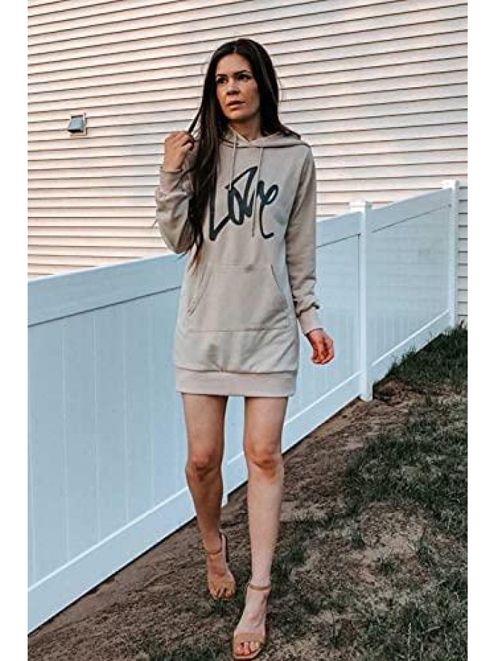 Women's Hooded Sweatshirt Drawstring Lightweight Long Sleeve Pullover Hoodie Dress 